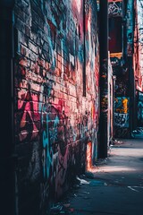 Fototapeta premium A side view of a graffiti-covered wall in a dystopian alley