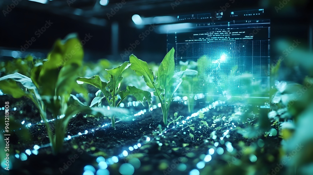 Poster holographic display projecting detailed crop growth data and analytics in a high tech futuristic far
