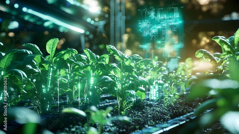 Poster holographic display of real time crop growth analytics and data visualizations in a high tech futuri