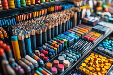 Obraz premium A neatly organized collection of art supplies, including colored pencils, pastels, and various crafting materials, arranged on shelves in a studio setting.