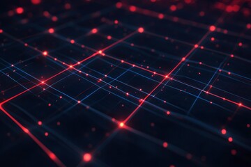 This image showcases a dark blue digital grid pattern on a black background, featuring glowing red lines and dots. The design creates a futuristic and high-tech atmosphere, perfect digital art , ai