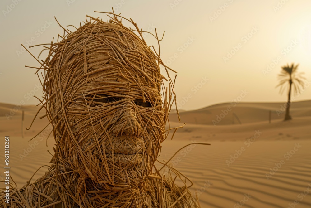 Poster A figure covered in straw stands in a desert landscape. AI.