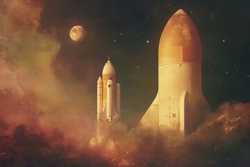 World Space Week. Illustration about space with a rocket. The spaceship flies through time and space to new unknown worlds. Book illustration for science fiction or fantasy. Future space exploration.