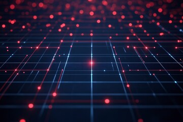 This image showcases a dark blue digital grid pattern on a black background, featuring glowing red lines and dots. The design creates a futuristic and high-tech atmosphere, perfect digital art , ai