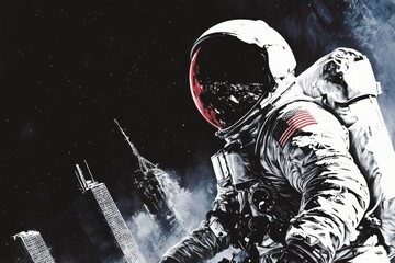 Fototapeta premium World Space Week. Illustration about space and an astronaut. The astronaut explores new unexplored worlds and admires outer space. Book illustration for science fiction or fantasy. Future space