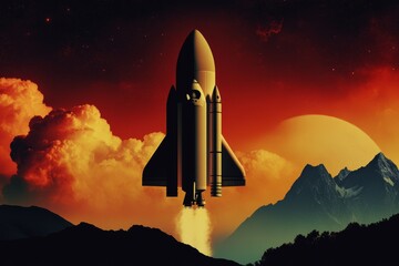 World Space Week. Illustration about space with a rocket. The spaceship flies through time and space to new unknown worlds. Book illustration for science fiction or fantasy. Future space exploration.