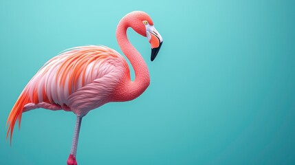 Fototapeta premium 3D flamingo standing on one leg with a soft pastel background on the right, symbolizing the grace and elegance of zoo birds, style of