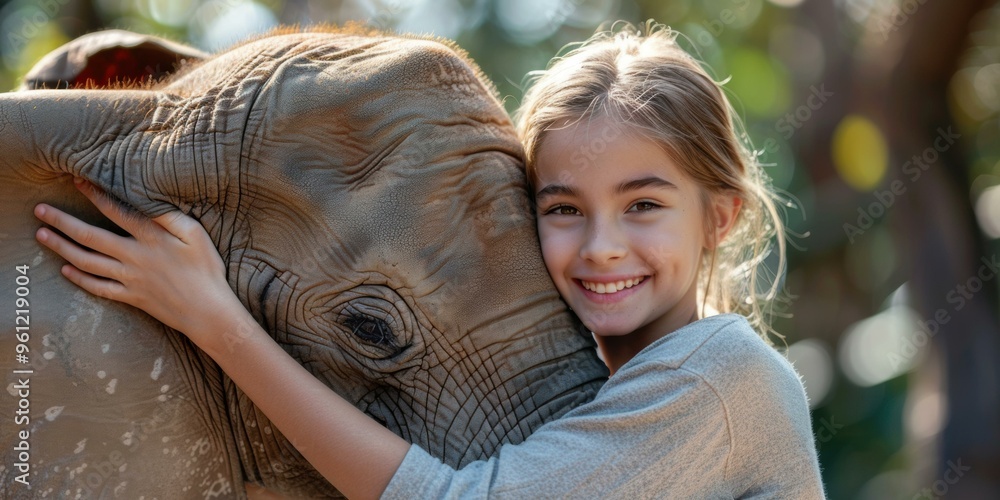 Wall mural a young girl hugging an elephant with a smile on her face. ai.