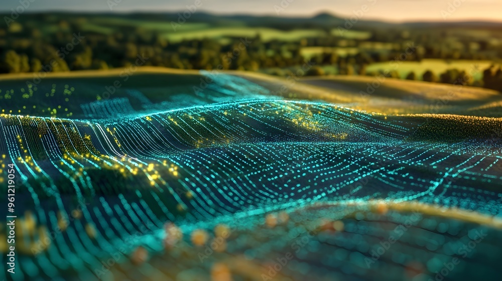 Poster holographic display showcasing precision farming techniques leveraging satellite data and analytics 