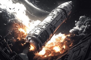 World Space Week. Illustration about space with a rocket. The spaceship flies through time and space to new unknown worlds. Book illustration for science fiction or fantasy. Future space exploration.