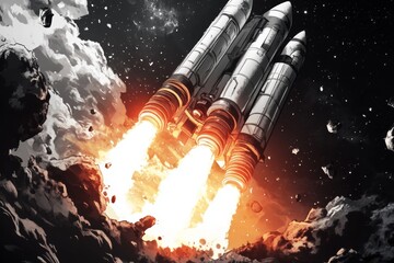 World Space Week. Illustration about space with a rocket. The spaceship flies through time and space to new unknown worlds. Book illustration for science fiction or fantasy. Future space exploration.