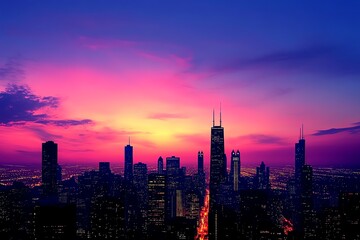 Fototapeta premium A sweeping panoramic view of a vibrant city skyline at dusk
