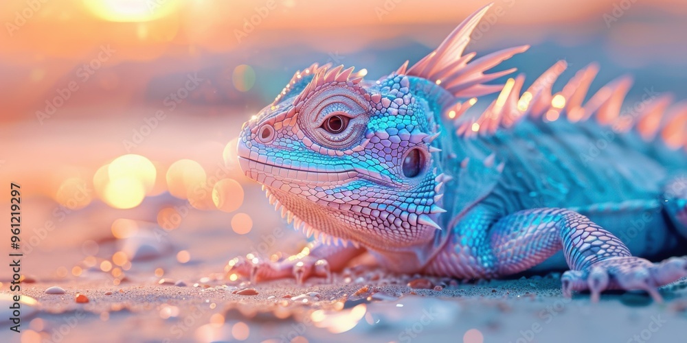 Poster a close-up of a colorful lizard with a soft background. ai.