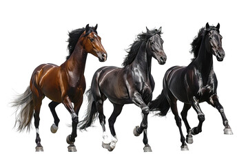 Obraz premium Three majestic horses, one brown and two black, gallop freely with flowing manes and tails against a white background. Animals.