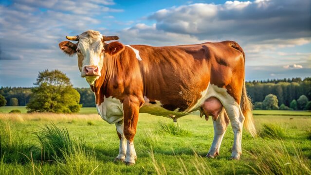 A majestic Brown and white Beefmaster cow stands majestically in the lush green field, its gentle lowing echoing through the serene countryside air.