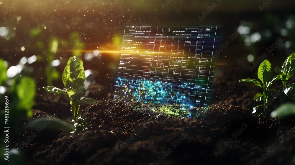 Poster holographic display projecting detailed soil nutrient data and analytics for precision agriculture a