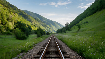 Fototapeta premium A train tracks running through a green valley 