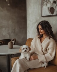 Elegant Senior Latina Woman in Cozy Pet-Friendly Minimalist Cafe with Dog