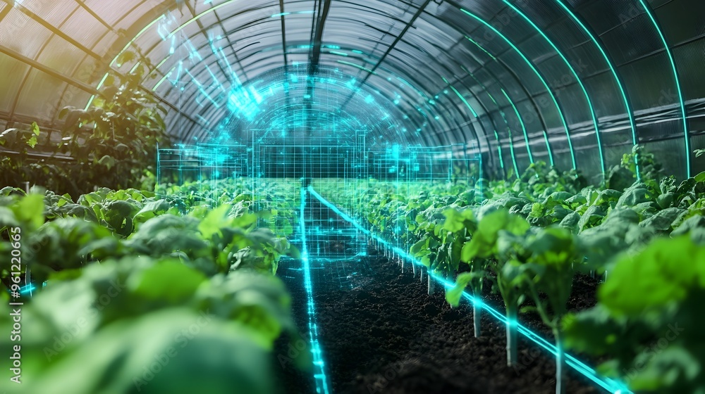 Poster a futuristic photograph depicting a holographic projection of an advanced greenhouse system with int