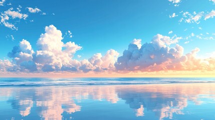 Sky Blue,Cloud Background,Horizon Spring Clear Sky in Morning by the beach,Vector beautiful landscape nature sunrise in Summer,Backdrop panoramic banner white clouds over blue ocean,Sunset landscape