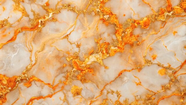 Abstract orange marble texture with gold splashes on luxury background