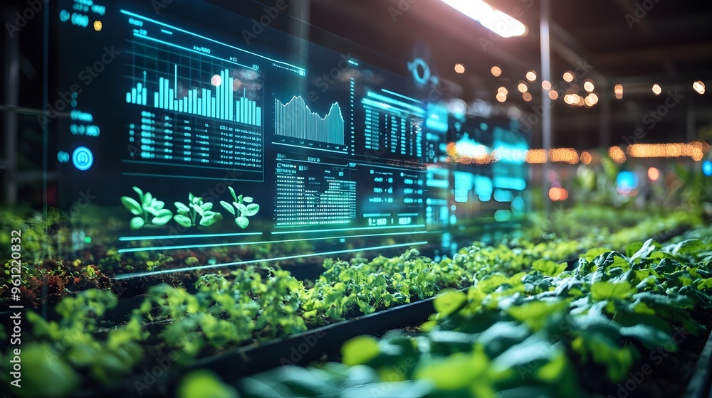 Poster a futuristic holographic display showcasing a detailed farm management dashboard with real time anal