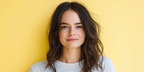 Fototapeta premium A studio close-up portrait of a young white woman wearing a casual t-shirt, with a colourful background.