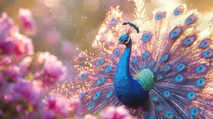 Obraz premium 3D peacock displaying feathers with a soft pastel background on the right, representing the vibrant beauty of zoo birds, style of