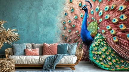 3D peacock displaying feathers with a soft pastel background on the right, representing the vibrant beauty of zoo birds, style of
