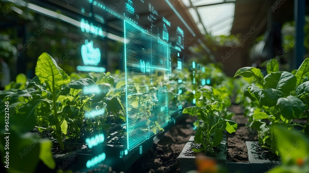 Poster holographic display showcasing a solar powered energy efficient agricultural system with real time d