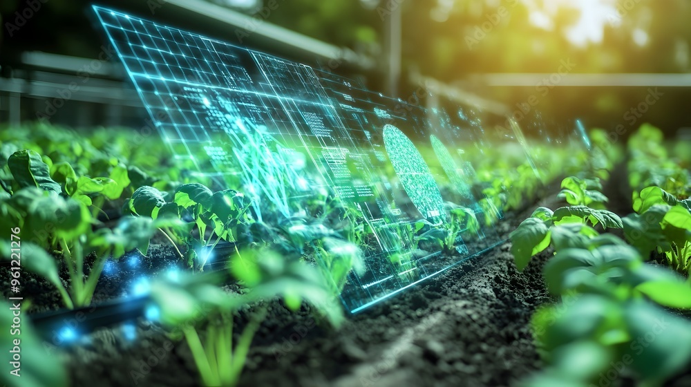 Poster holographic display showcasing a solar powered agricultural system with detailed energy efficiency m