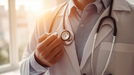 Doctor wearing lab coat holding stethoscope while standing in a hospital room with bright sun shining through the window