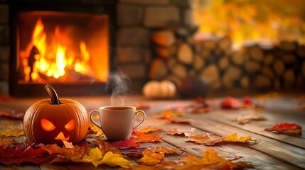 A cozy fall scene: warm fireplace, a cup of tea and a pumpkin in hand, autumn leaves scattered on a table. Perfect for Thanksgiving or Halloween.