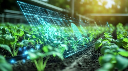 Holographic display showcasing a solar powered agricultural system with detailed energy efficiency metrics and performance data visualized in a futuristic innovative interface
