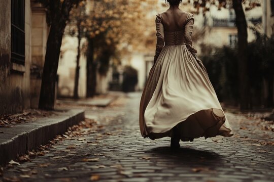 Faceless Woman in Modest Dress Walking on Tree-Lined Street - Elegant, Calm, and Introspective