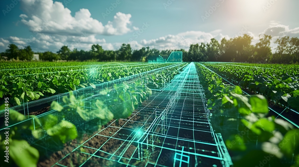 Poster holographic depiction of an advanced water management system integrated with smart sensors and autom