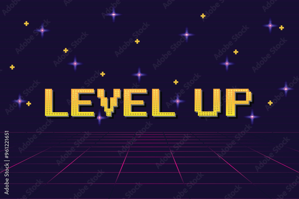 Poster level up. pixel art .8 bit game. retro game. for game assets in vector illustrations.