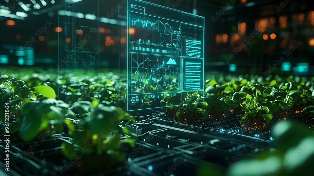 Poster holographic display of a futuristic agricultural marketplace with blockchain enabled digital transac