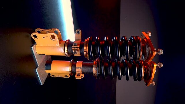 suspension tuning not new coilovers, shock absorbers and front springs in yellow and gold colors for a sports drift car on a dark background vertical video