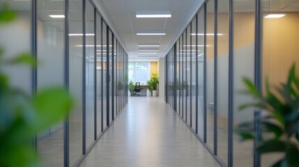 A modern office corridor features glass walls and lush plants, leading to a well-lit workspace that emphasizes a professional environment. The design promotes a productive atmosphere