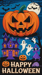happy halloween  poster style, pumpkin, scary house, bats, rat, ghosts, witch, moon