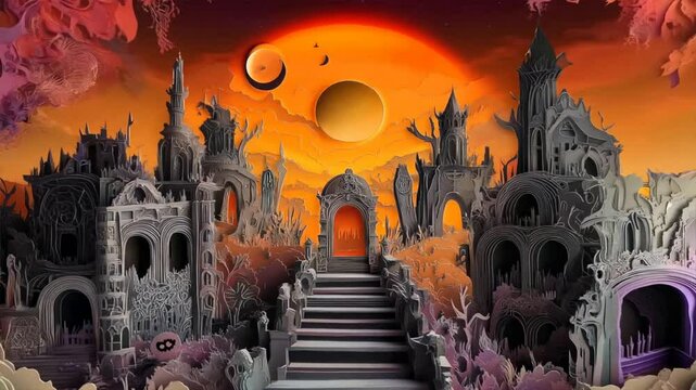 Surreal fantasy landscape with intricate ruins, a glowing sun, and a vibrant color palette of orange, red, and purple hues.