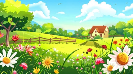 Landscape countryside nature background with sky, green trees, hill
 and meadow, vector illustration flat design