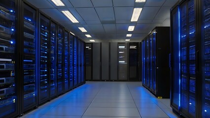 Fototapeta premium Row of network mega processors next to each other in a line with neon lights in the basement, internet center hardware technology and web related 