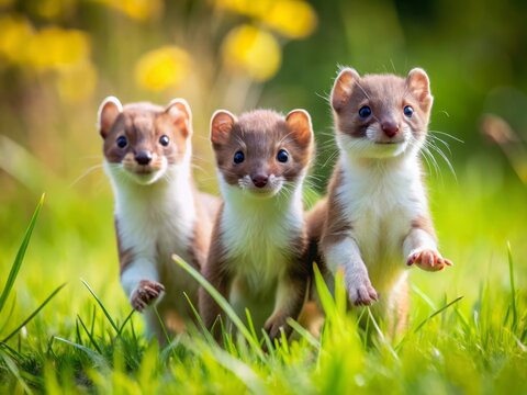 A photograph captures the playful moments of comadrejas, their tiny paws barely touching the lush grass as they frolic and chase each other.