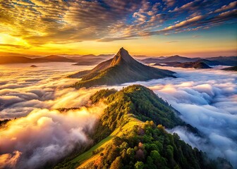 Panoramic aerial view of a majestic mountain peak at sunrise, with rolling hills, valleys, and misty clouds unfolding in the distance.