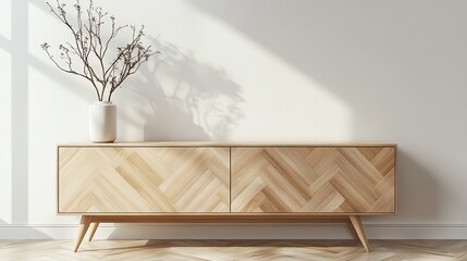 Wooden Cabinet with Branch in Vase Against White Wall