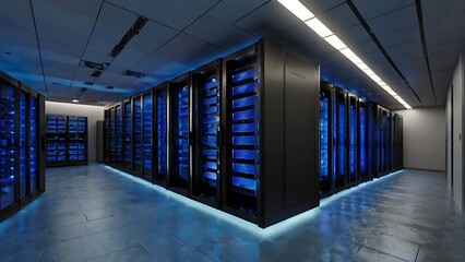 Fototapeta premium Row of network mega processors next to each other in a line with neon lights in the basement, internet center hardware technology and web related 