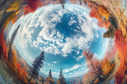 An adventurous wide-angle perspective of a serene mountain lake, shot from above with a fish-eye lens, showcasing surreal reflections of colorful autumn trees, digital painting