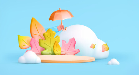 Autumn sale background. 3d fallen leaves, podium,cloud, umbrella in hand on blue backdrop. Thanksgiving design, autumn season template, discount banner. Vector illustration